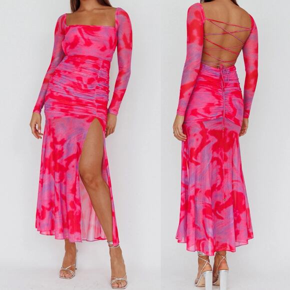 Selfie Leslie Apryl Long Sleeve Lace-Up Back Ruched Maxi Dress Pink size Medium - Picture 1 of 5